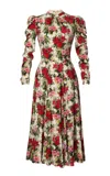 Lena Hoschek Sweetheart Satin Mutton Sleeve Sheath Midi Dress In Floral