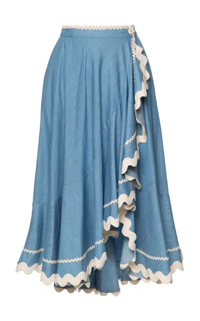 Lena Hoschek Vela Scalloped Cotton Midi Skirt In Blue