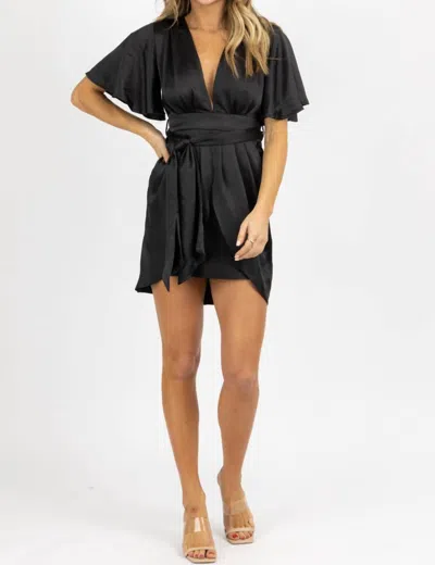Lena Satin Dolman Sleeve Mini Dress In Black