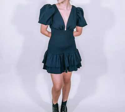 Lena Smocked Bodice With Puffy Sleeves Mini Dress In Black In Green