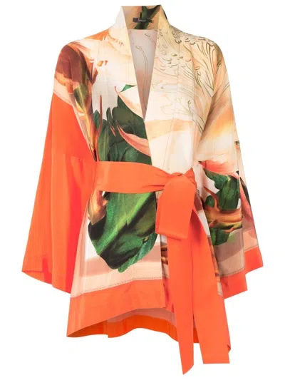 Lenny Niemeyer Printed Belted Kimono In Orange