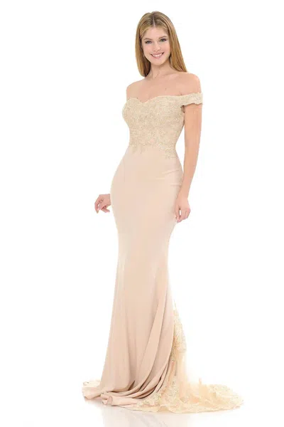 Lenovia Usa Lace Embroidered Off-shoulder Mermaid Gown With Sheer Train In Nude In Neutral