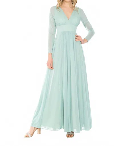 Lenovia Usa Long Sleeve V-neck A-line Gown In Sage In Blue