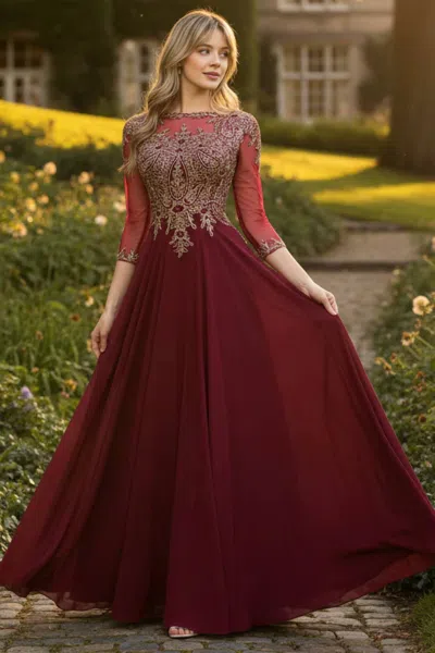 Lenovia Usa Mother Of The Bride 3/4 Sleeve Modest Evening Gown In Burgundy
