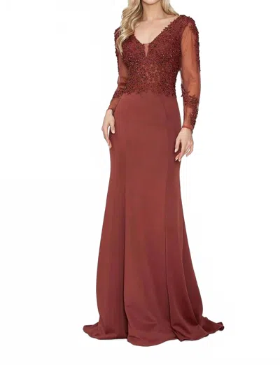 Lenovia Usa Mother Of The Bride Long Sleeve Beaded Evening Gown In Sienna In Brown