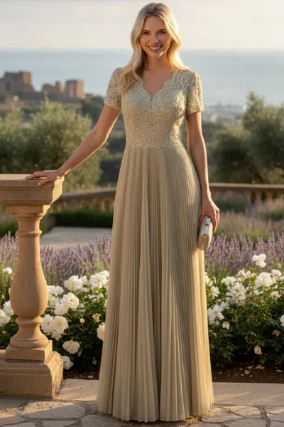 Lenovia Usa Mother Of The Bride Short Sleeve Gown In Champagne Gold In Neutral