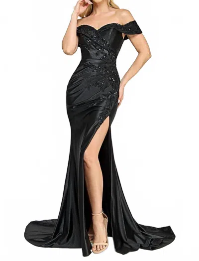 Lenovia Usa Off-shoulder Satin Mermaid Gown With Embroidered Bodice In Black