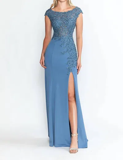 Lenovia Usa Pageant Boat Neck Cap Sleeve Sheath Gown In Denim Blue