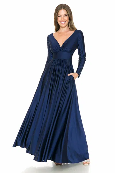 Lenovia Usa Stretchy Long Sleeve Mother Of The Bride Formal Gown In Navy Blue