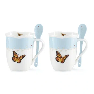 Lenox Butterfly Meadow Blue Mugs With Spoons, Set Of 2 In Blue,white,black,brown