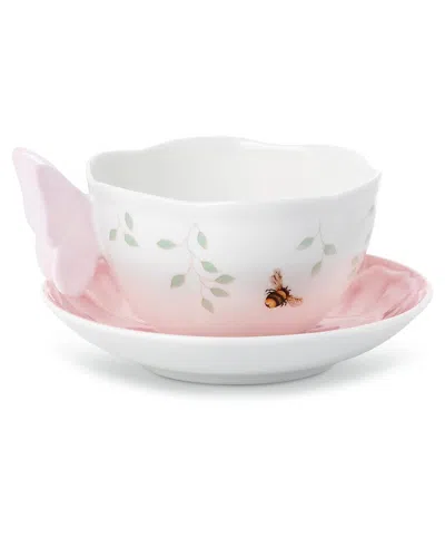 Lenox Butterfly Meadow Figural Pink Cup & Saucer In White