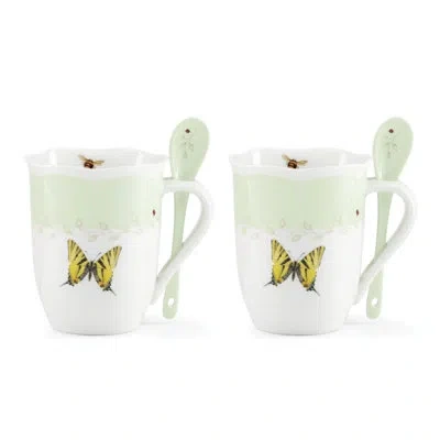 Lenox Butterfly Meadow Green Mug & Spoon, Set Of 2 In Green,white,yellow,black