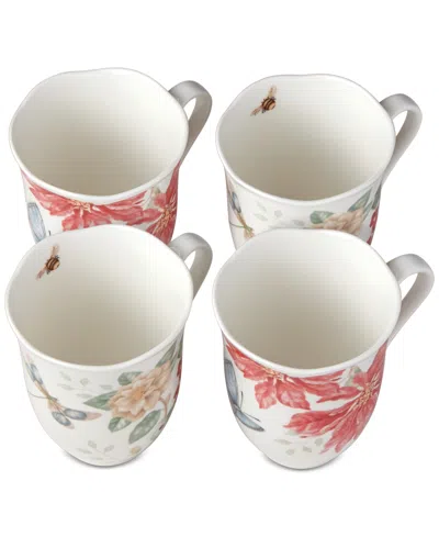 Lenox Butterfly Meadow Holiday Set/4 Mugs Poinsettias And Jasmine Design, Created For Macy's In White Porcelain Body With Multi Color De