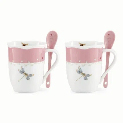 Lenox Butterfly Meadow Pink Mugs With Spoons, Set Of 2 In Pink,white,blue,brown