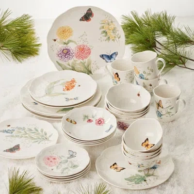 Lenox Butterfly Meadow Porcelain 28-piece Dinnerware Set, Dishwasher Safe, White In Multi
