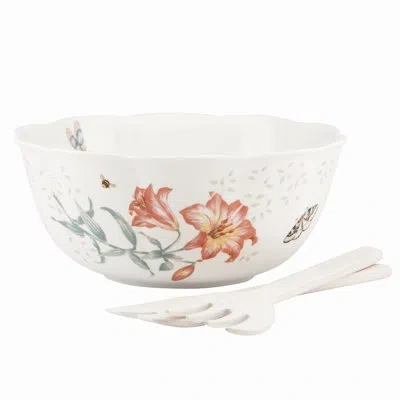 Lenox Butterfly Meadow Salad Bowl & Servers Set In White
