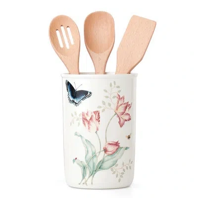 Lenox Butterfly 4 Piece Meadow Utensil Jar With 3 Kitchen Utensils In White