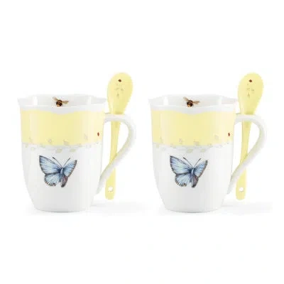 Lenox Butterfly Meadow Yellow Mugs With Spoons, Set Of 2 In Yellow,white,blue,black