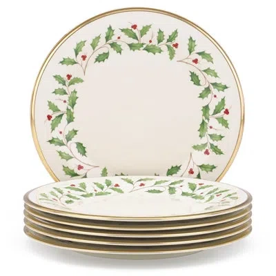 Lenox Holiday 6-piece Dinner Plates Dinnerware Set, Service For 6, Porcelain, Dishwasher Safe In Green;red;ivory