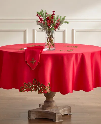 Lenox Holiday Holly Leaf Cutwork Scalloped Hem Tablecloth, 70" X 70" In Red