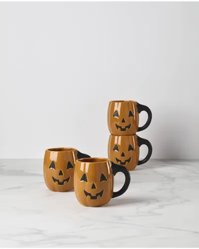 Lenox Set Of 4 Vintage Halloween Figural Pumpkin Mugs In Brown