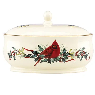 Lenox Winter Greetings Covered Dish In Red;ivory