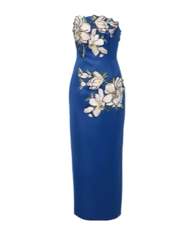 Leo Ava Floral-appliqué Strapless Midi Dress In Blue