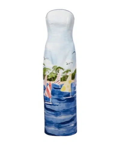Leo Ava Printed Linen Bustier Dress In Blue