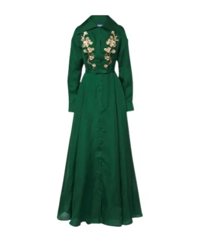 Leo Belted Embellished Silk Gown In Green