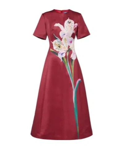 Leo Caroline Floral Satin Midi Dress In Red