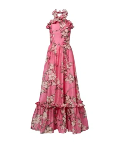 Leo Isabelle Floral Ruffled Linen-blend Gown In Multi