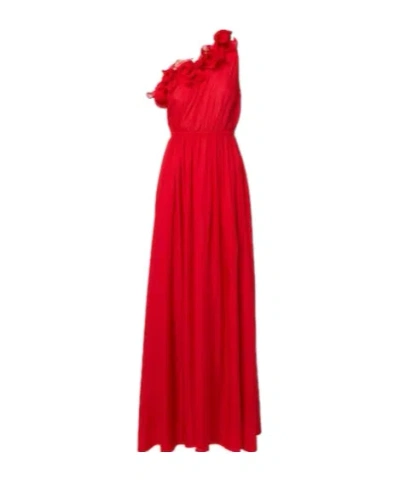 Leo Jenni Draped Floral-appliqué Silk Gown In Red