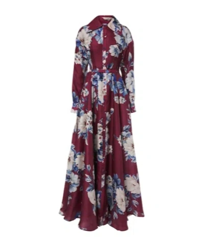 Leo Josephine Belted Floral Silk Gown In Brown