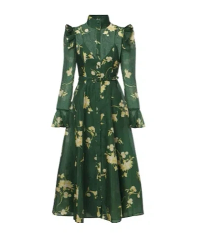 Leo Katrina Floral Linen And Silk Midi Dress In Green