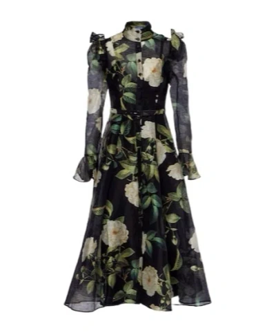 Leo Katrina Floral Linen-blend Midi Dress In Black