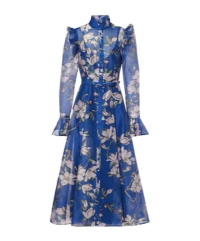 Leo Katrina Floral Linen-blend Midi Dress In Blue