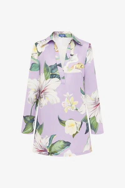 Leo Lin Acacia Shirt Mini Dress - Lily Blossom Print In Lilac
