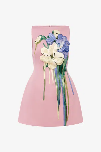 Leo Lin Ali Embroidered Boat Neck Mini Dress - Bouquet Print In Pastel Pink