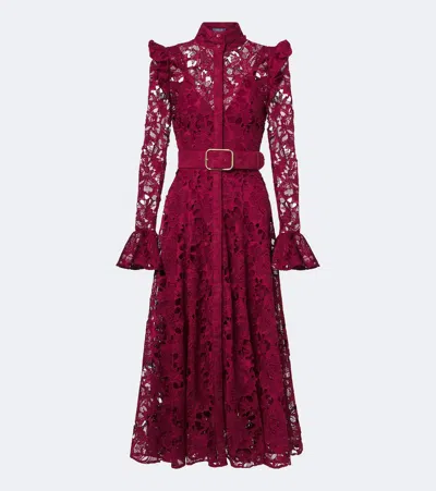 Leo Lin Aliyah Belted Guipure Lace Midi Dress In Burgundy