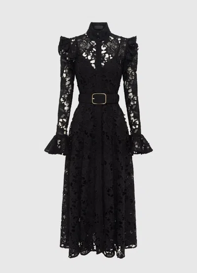 LEO LIN ALIYAH LACE BUTTERFLY SLEEVE MIDI DRESS - EBONY