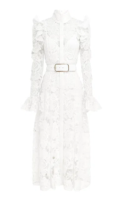 Leo Lin Aliyah Ruffled Guipure Lace Midi Dress In White