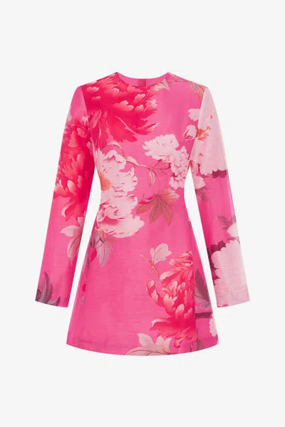 Leo Lin Aliza Long Sleeve Mini Dress - Peony Print In Fuchsia