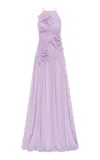 Leo Lin Amya Floral-appliquéd Georgette Gown In Purple