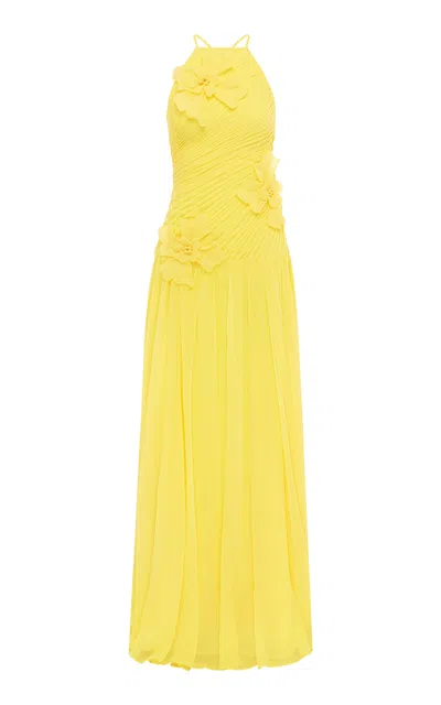 Leo Lin Amya Flower-appliquéd Gown In Yellow