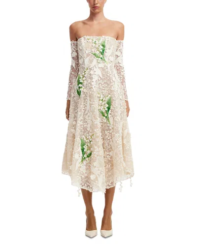 Leo Lin Ana Off Shoulder Embellished Lace Bustier Midi Dress In White