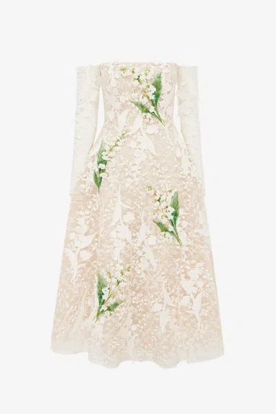 Leo Lin Ana Off-shoulder Embellished Lace Bustier Midi Dress - Snow Meadow In Neutral
