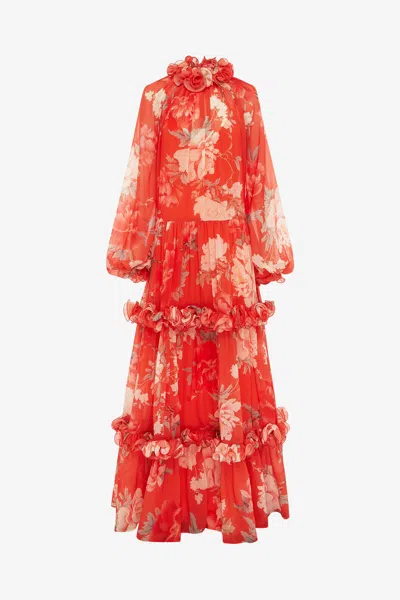 Leo Lin Angela Ruffled Floral Maxi Dress In Red