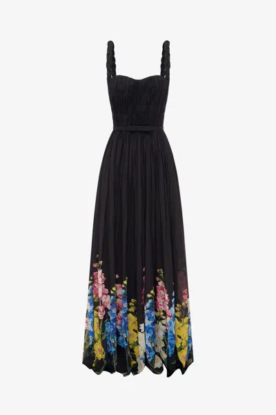 Leo Lin Angelina Ruffled Floor Length Dress - Snapdragon Print In Ebony
