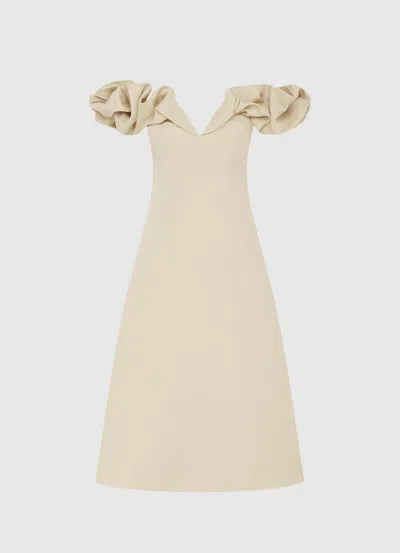 Leo Lin Annie Off Shoulder Frill Midi Dress - Champagne In Neutral