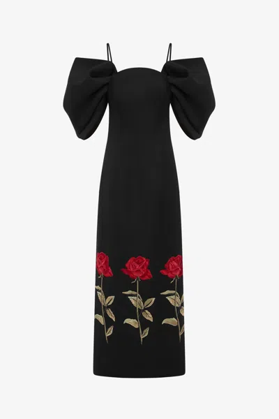 Leo Lin Arabella Puff-sleeve Floral Midi Dress In Black